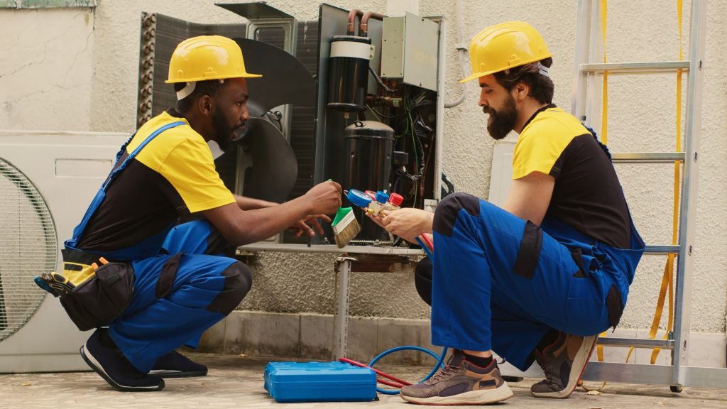 Technicians servicing HVAC system