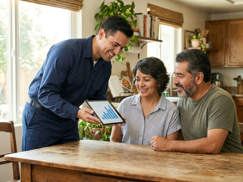 AC Replacement in DFW: 7 Signs It’s Time to Replace, Not Repair Technician reviewing AC replacement cost estimate with DFW homeowners