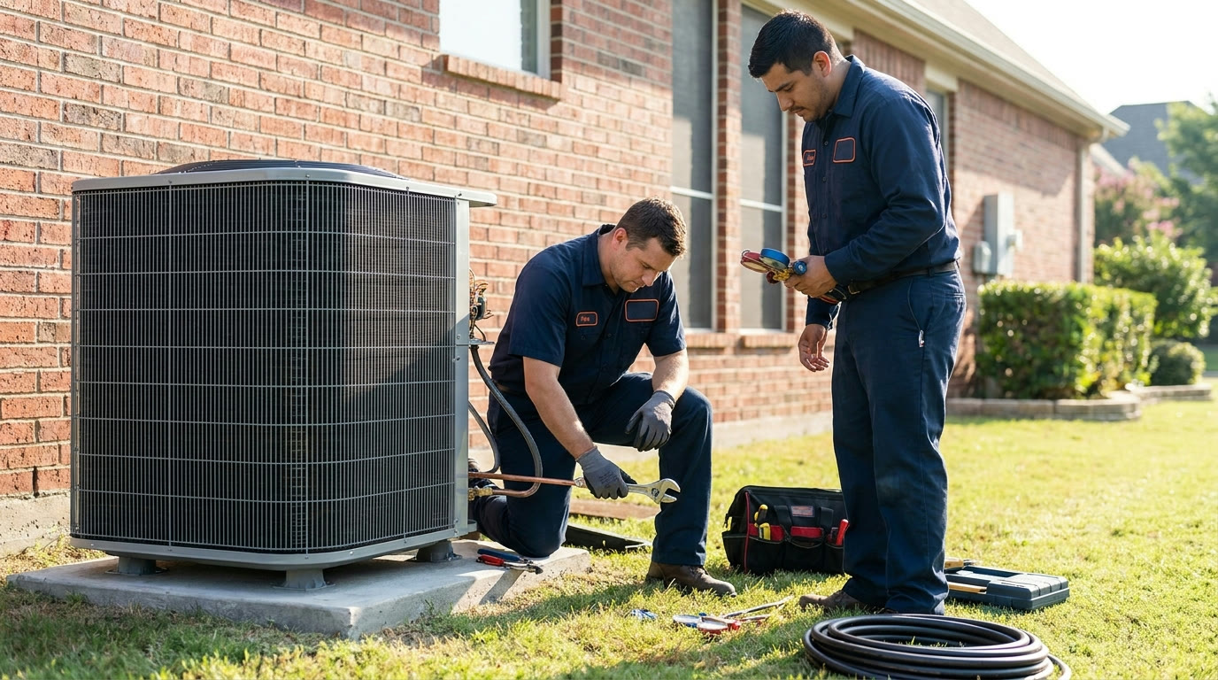 Home HVAC technicians completing an AC replacement in DFW beside a brick home