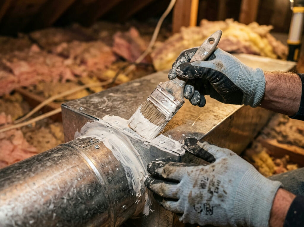 Ductwork Repair in DFW: Stop Leaky Ducts From Stealing Your Cool Air Technician sealing a duct joint with mastic during ductwork repair in DFW