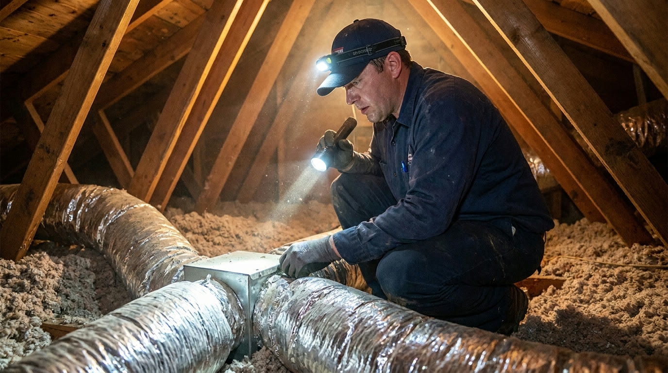 Home Technician performing ductwork repair in a DFW attic