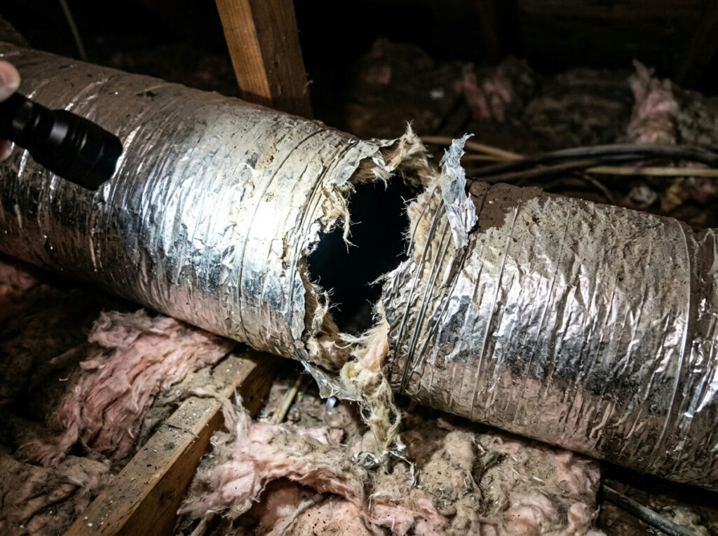 Ductwork Repair in DFW: Stop Leaky Ducts From Stealing Your Cool Air Torn flexible air duct leaking cool air in a DFW attic