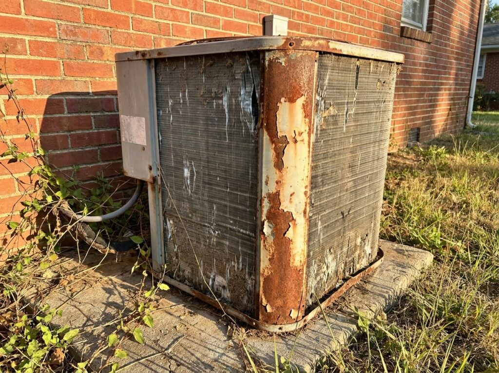 AC Replacement in DFW: 7 Signs It’s Time to Replace, Not Repair Old rusted AC condenser unit showing signs it needs replacement in DFW